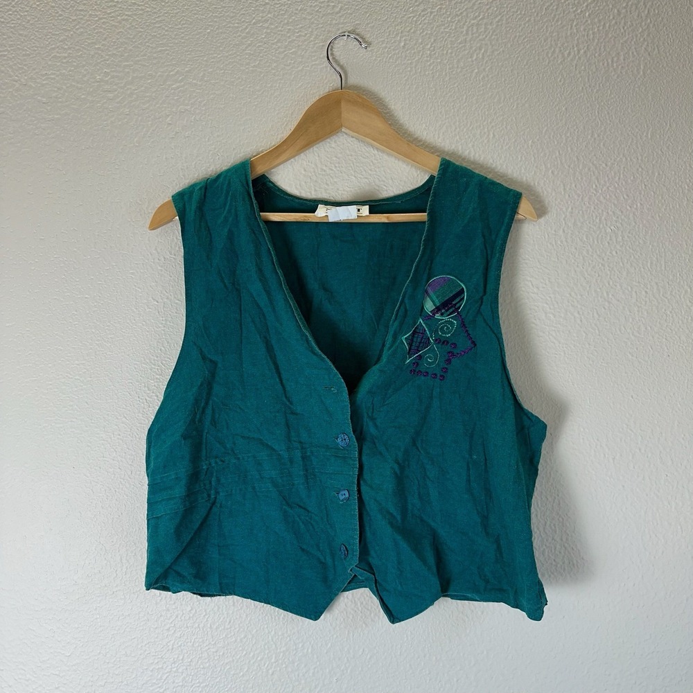 80s Sunny Sport Vest Womens 12 Teal Good Vintage Embroidered Button Front